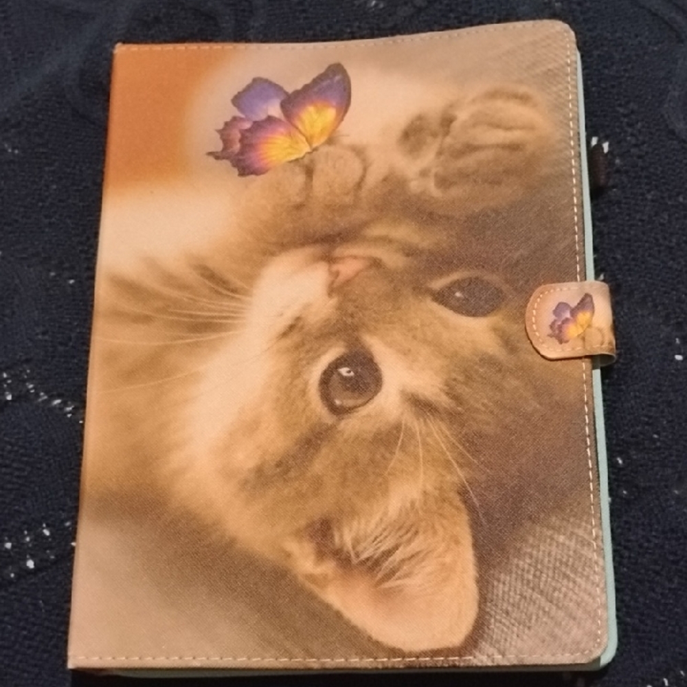 Charming Cat and Butterfly Tablet Cover - Tan and Purple